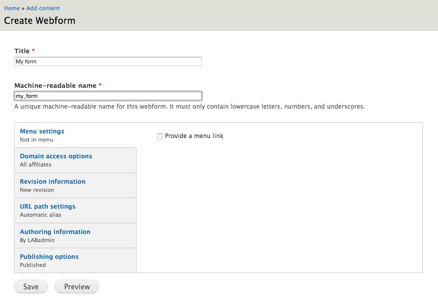 Webform in feature creation dialog.