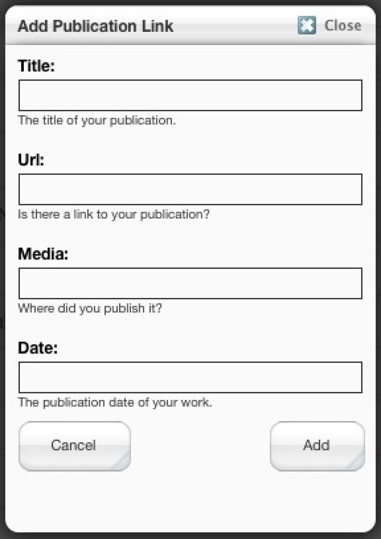 Ein Modal mit Einstellungen für Publikations-Links.