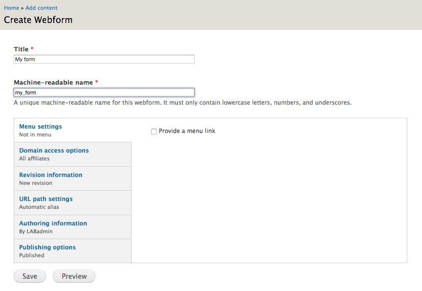 Webform in feature creation dialog.